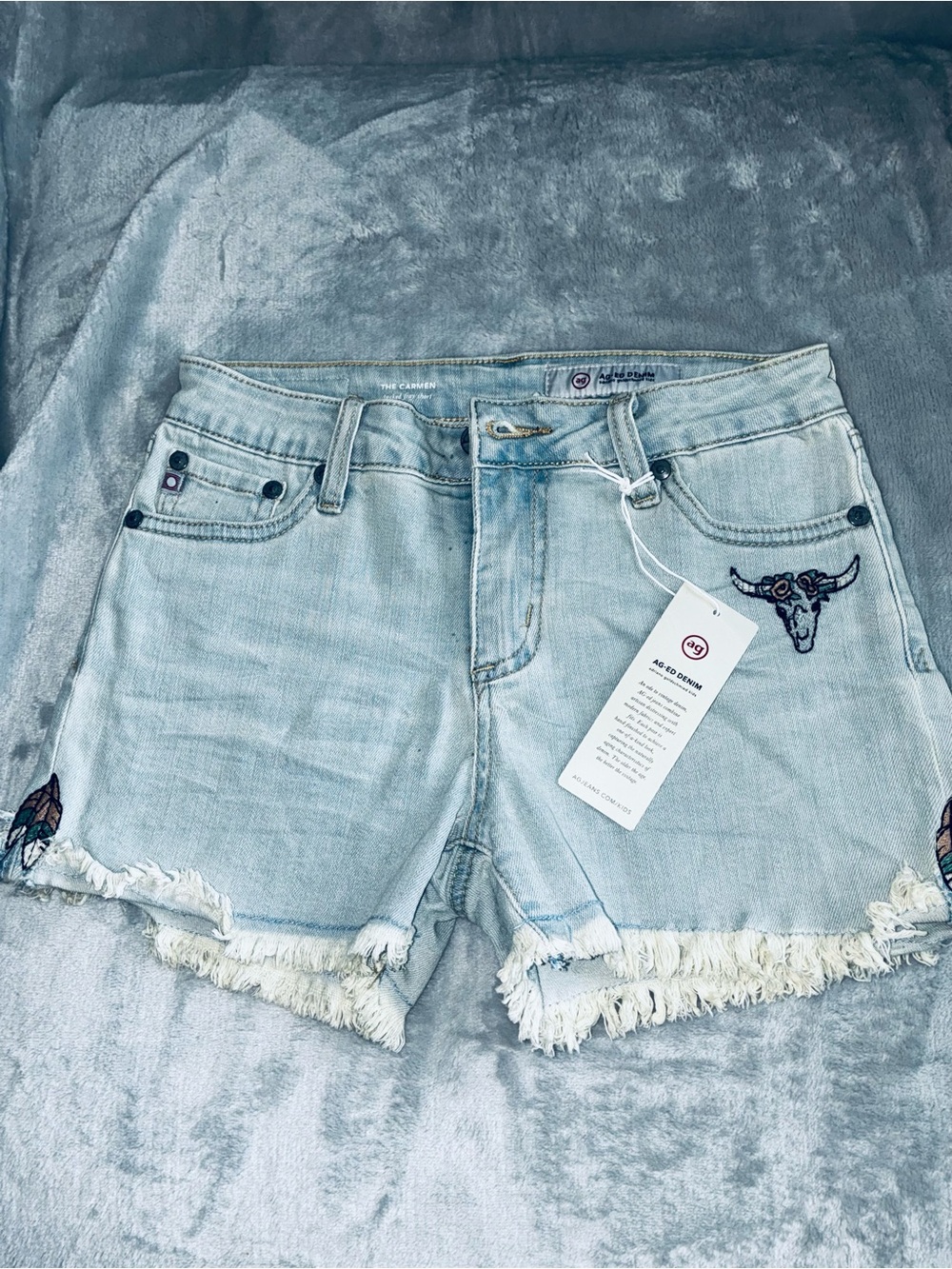 Ag Adriano Goldschmied Light Blue The Carmen Frayed Hem Denim Shorts Sz 14 Girls